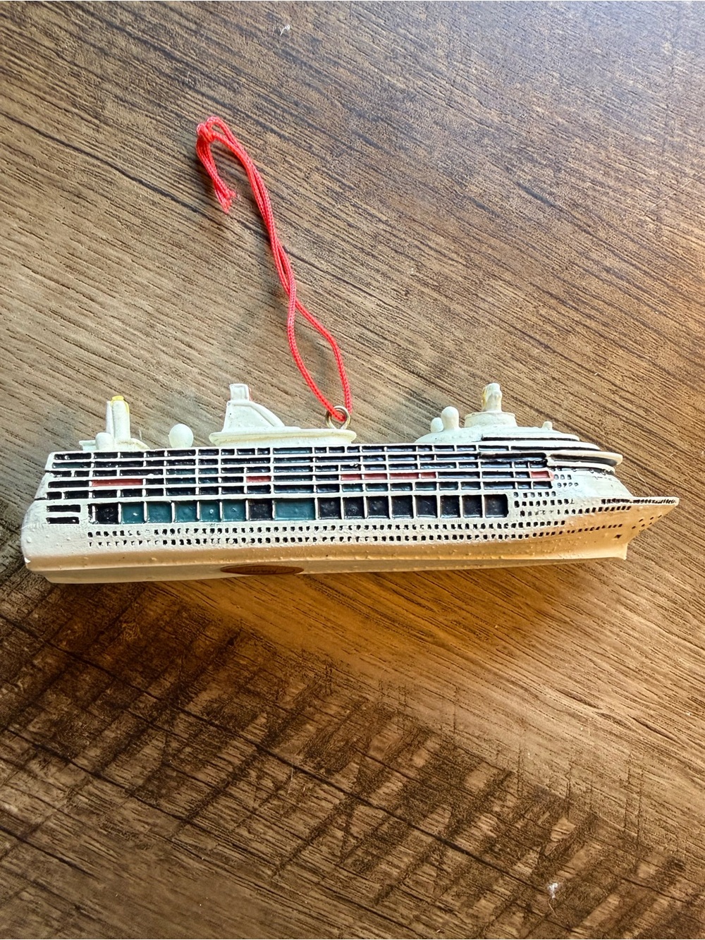 Source Unknown Cream Cruise Ship Ornament with Red Hanging Cord Vtg